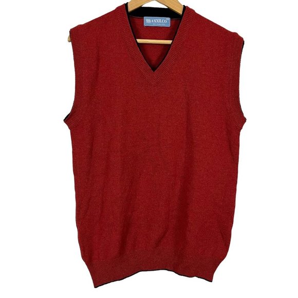 Exxilco Men's 100% Lambswool Wool Red Sweater Vest V-Neck Black Trim Pullover 40 - Picture 1 of 16
